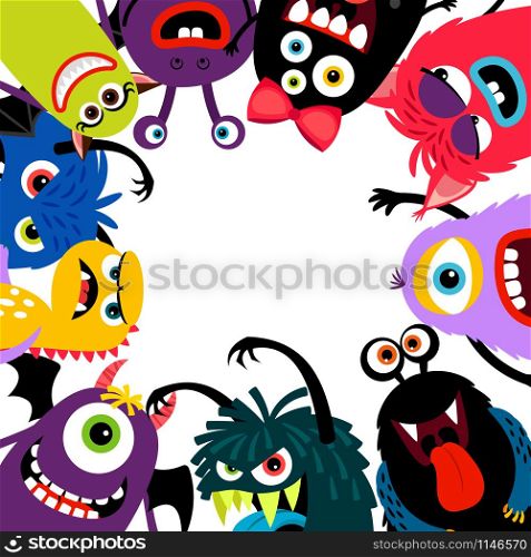 Colorful monsters frame card. Cute funny creatures, happy and scary children greeting card, vector illustration. Monsters frame card