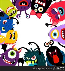 Colorful monsters frame card. Cute funny creatures, happy and scary children greeting card, vector illustration. Monsters frame card