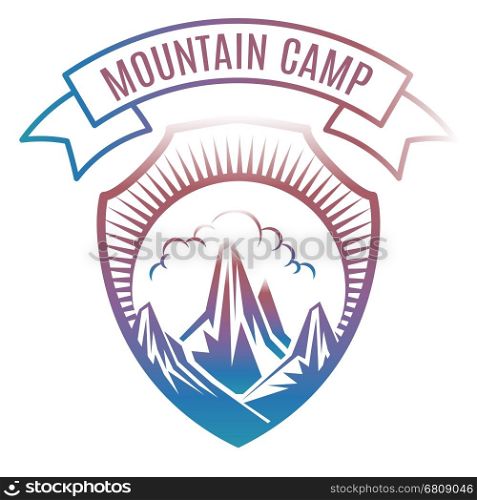 Colorful mountain camp label design. Colorful mountain camp label design. Vector retro travel badge isolated on white background