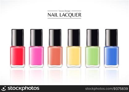 Colorful nail lacquer mockup set in 3d illustration on white background. Colorful nail lacquer mockup set