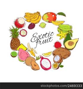Colorful natural tropical fruits round concept with organic exotic products in hand drawn style isolated vector illustration. Colorful Natural Tropical Fruits Round Concept