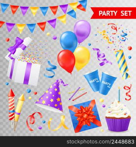 Colorful objects for parties and holidays set isolated on transparent background flat vector illustration. Party Transparent Set