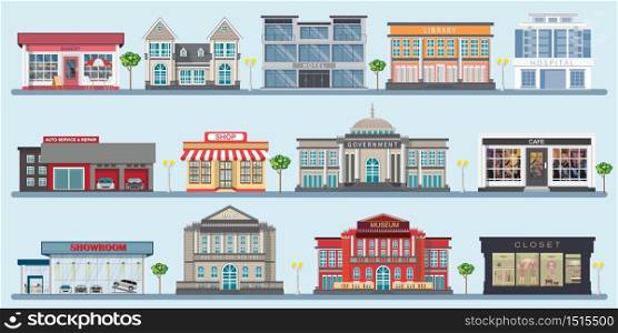 Colorful of city buildings with various large modern buildings, museum, hospital, bank, library, cafe, shop and government building, design architecture construction vector illustration.