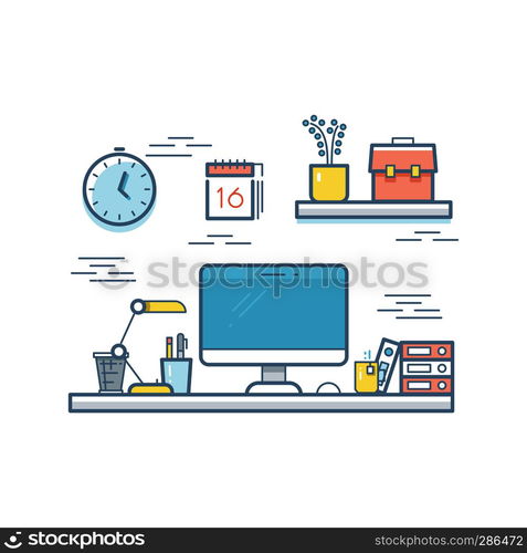 Colorful office work space with computer, stationery, mug. Vector illustration. Colorful office workspace with computer, stationery, mug