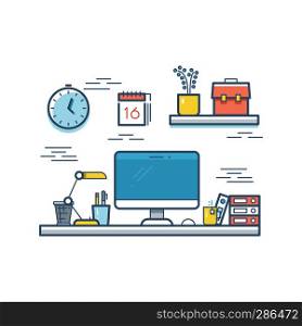 Colorful office work space with computer, stationery, mug. Vector illustration. Colorful office workspace with computer, stationery, mug