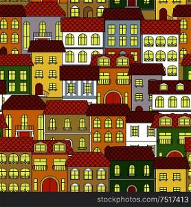 Colorful old houses background for architecture and travel themes design usage with retro seamless pattern of cityscape with vintage buildings of various vivid colors. Cityscape seamless pattern with colorful houses