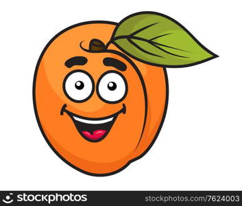 Colorful orange cartoon apricot fruit with a happy smile and single green leaf. Colorful orange apricot with a happy smile