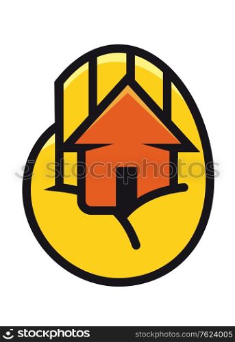 Colorful orange cartoon house cupped in the palm of a hand depicting protection, ownership and security. House cupped in the palm of a hand