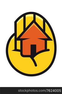 Colorful orange cartoon house cupped in the palm of a hand depicting protection, ownership and security. House cupped in the palm of a hand