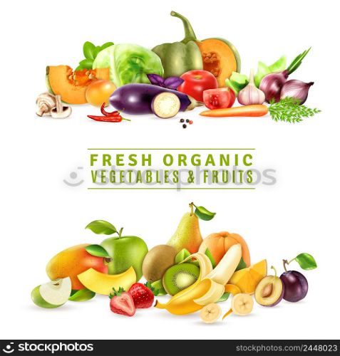 Colorful organic design concept with two collections of fresh vegetables and fruits in realistic style vector illustration. Fresh Vegetables And Fruits Design Concept
