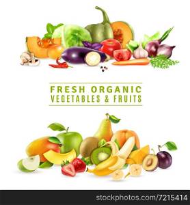 Colorful organic design concept with two collections of fresh vegetables and fruits in realistic style vector illustration. Fresh Vegetables And Fruits Design Concept