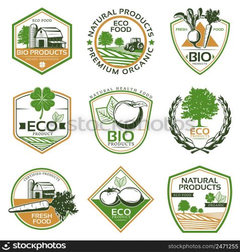 Colorful organic eco emblems collection with natural bio vegetables fruits plants and farming elements isolated vector illustration. Colorful Organic Eco Emblems Collection