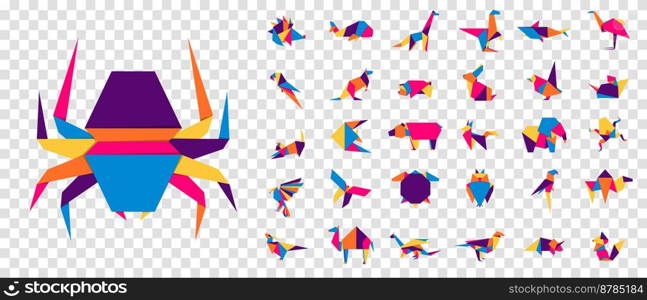 Colorful origami animals. Abstract polygon animals. Folded paper shapes. Vector animal icons set. Origami. A set of origami. Vector illustration