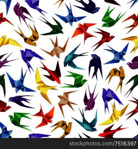 Colorful origami paper swallow birds seamless pattern on white background. Origami paper swallows seamless pattern