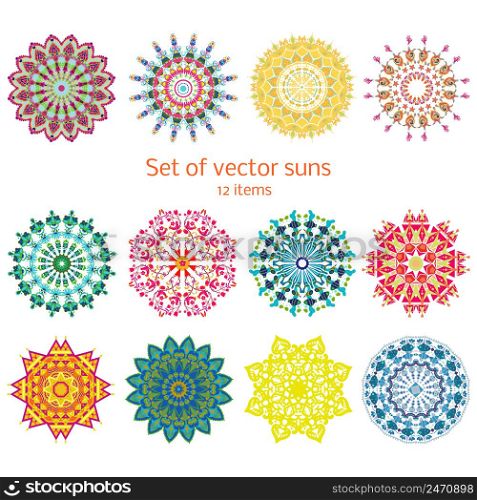 Colorful ornamental decorative summer suns set of different colors and repeating structure isolated vector illustration . Colorful Ornamental Decorative Summer Suns Set