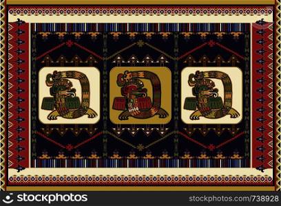 Colorful ornamental vector design for rug, carpet, tapis. Mexican, aztec symmetrical ornament. Geometric backdrop with mythical creatures. Rectangular ethnic vector template
