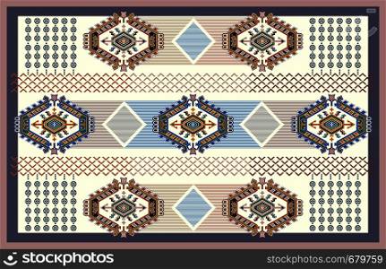 Colorful ornamental vector design for rug, carpet, tapis. Persian, Turkey rug, textile. Geometric floral backdrop. Abstract ornament with decorative elements. Abstract geometric carpet