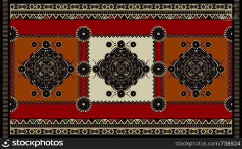 Colorful ornamental vector design for rug, carpet, tapis. Persian, Turkey rug, textile. Geometric floral backdrop. Abstract ornament with decorative elements. Abstract rectangular geometric carpet
