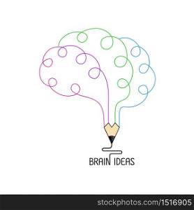 Colorful outline pencil in the shape of a human brain. Icon design of brain ideas and creative intelligent. Vector illustration isolated on white background.