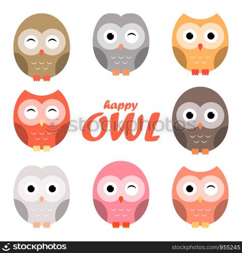 Colorful owl cartoon set, vector illustration