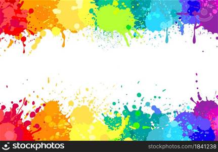 Colorful paint splatter background, painted rainbow splashes. Colored watercolor splash, abstract color spray paints explosion vector banner. Space for text with stains border or frame. Colorful paint splatter background, painted rainbow splashes. Colored watercolor splash, abstract color spray paints explosion vector banner