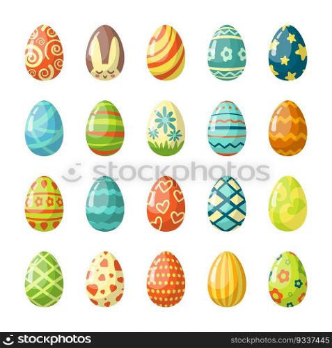 Colorful painted easter eggs flat illustrations set. Traditional religious holiday celebration. Orthodox easter food collection. Decorated chicken eggs isolated on white background. Colorful painted easter eggs flat illustrations set