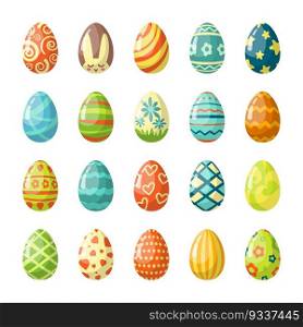 Colorful painted easter eggs flat illustrations set. Traditional religious holiday celebration. Orthodox easter food collection. Decorated chicken eggs isolated on white background. Colorful painted easter eggs flat illustrations set