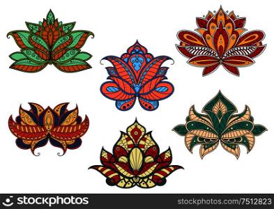 Colorful paisley flowers with curved petals and leaves, adorned by traditional indian ornaments. For oriental textile, interior elements or carpet pattern design. Paisley flowers with indian ethnic ornaments