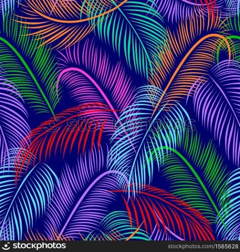 Colorful palm tree leaves seamless pattern. Vector illustration. Nature organic.