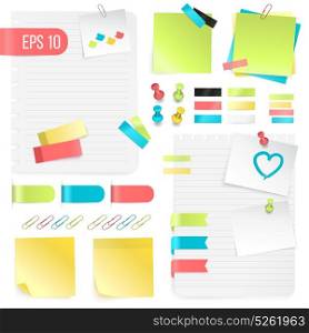 Colorful Paper Notes Set. Colorful paper notes set in realistic style with pushpins adhesive tapes and paper clips isolated vector illustration