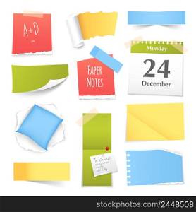 Colorful paper notes various shapes and sizes curled rolled bent and torn realistic images collection isolated vector illustration . Colorful Realistic Paper Notes Collection