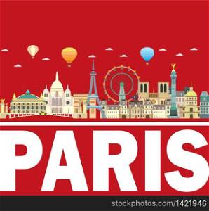 Colorful Paris skyline travel illustration. Design with isolated Paris landmarks and lettering, french tourism and journey vector background for print, t-shirt, souvenirs. Worldwide traveling concept.