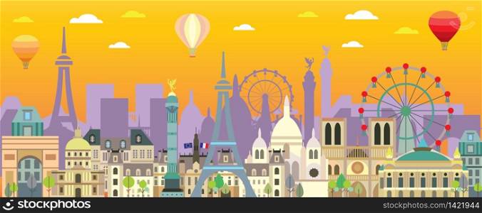 Colorful Paris skyline travel illustration. Design with isolated Paris landmarks, french tourism and journey vector background for print, t-shirt, souvenirs. Worldwide traveling concept.