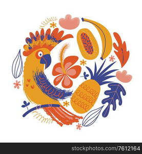 Colorful parrot among exotic flowers and fruits. Vector illustration of a round shape on a white background.. Flower arrangement a round shape and a colorful parrot. Vector illustration on a white background.