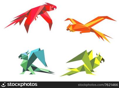 Colorful parrot birds in origami style isolated on white background