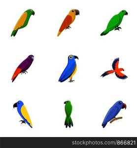 Colorful parrot icon set. Cartoon set of 9 colorful parrot vector icons for web design isolated on white background. Colorful parrot icon set, cartoon style
