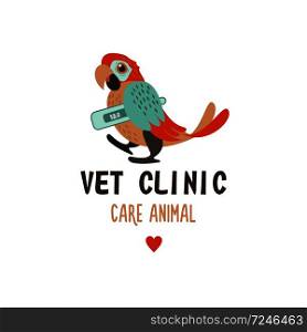 Colorful parrot with a thermometer under the wing. Veterinary care. Logo, vector illustration for veterinary clinic.. Veterinary care. Logo, vector illustration for veterinary clinic
