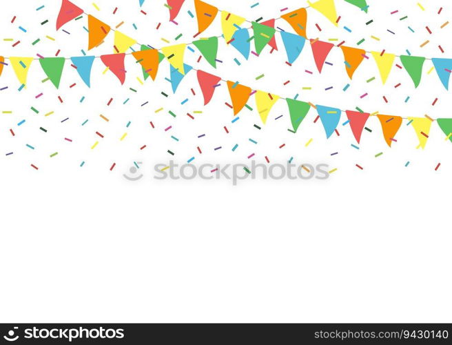 Colorful party flags with confetti. Celebrate flags. Party background with flags and confetti