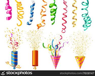 Colorful party poppers and serpentine set on white background realistic isolated vector illustration