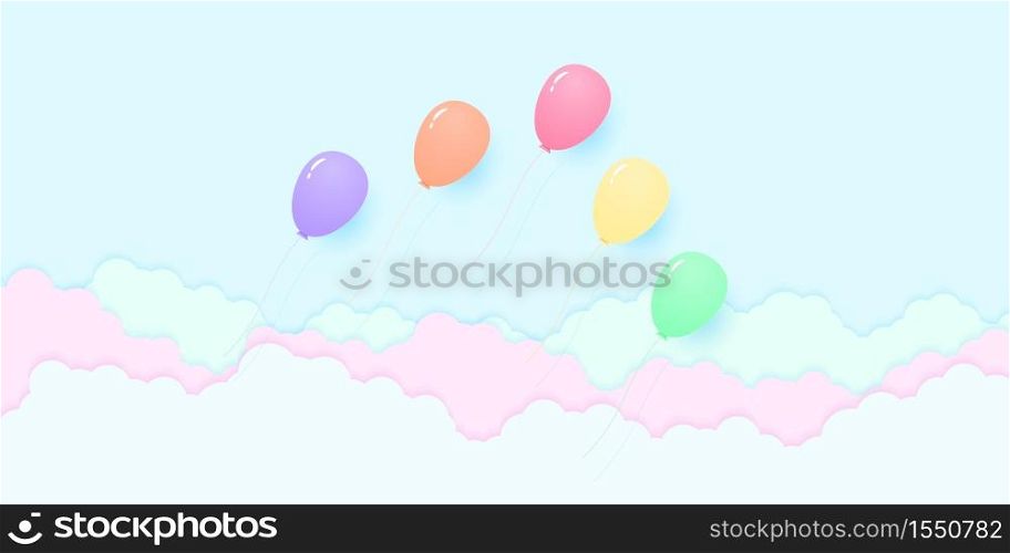 colorful pastel color balloons flying in the sky, rainbow color pattern, paper art style