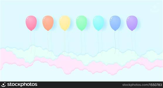 colorful pastel color balloons flying in the sky, rainbow color pattern, paper art style
