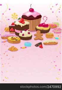 Colorful pastry and confectionery template with desserts baking and sweet products on pink background vector illustration. Colorful Pastry And Confectionery Template