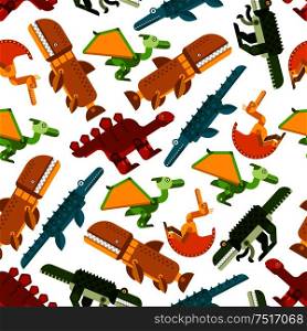 Colorful pattern of seamless dinosaurs and prehistoric animals with herbivores stegosaurs and carnivorous pterodactyls, tyrannosaurs, pliosaurs and liopleurodons on white background. Use as wildlife evolution theme or children wallpaper design. Seamless dinosaurs and prehistoric animals pattern