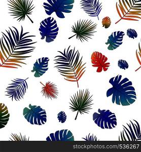 Colorful pattern vivid gradient tropical leaves. Seamless graphic design with colorful foliage on white background.