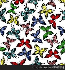Colorful pattern with seamless background of bright flying red and green, yellow and blue butterflies. Flying butterflies insects seamless pattern