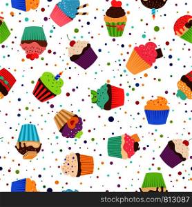 Colorful pattern with sweet cupcakes on dotted white background. Vector illustration. Colorful pattern with sweet cupcakes