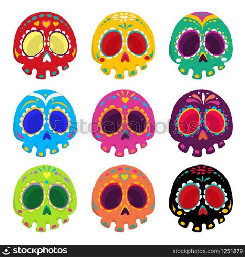 Colorful patterned skull set, Mexican day of the dead