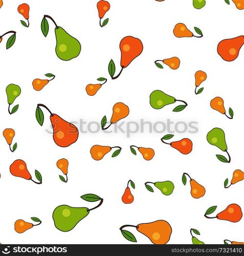 Colorful pears seamless pattern. Different sizes green and orange pears with leaf on stem flat vector on white background. Ripe fruit cartoon illustration for wrapping paper, prints on fabric. Ripe Pears Flat Vector Seamless Pattern on White
