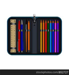 Colorful pencil box icon. Realistic illustration of colorful pencil box vector icon for web design isolated on white background. Colorful pencil box icon, realistic style