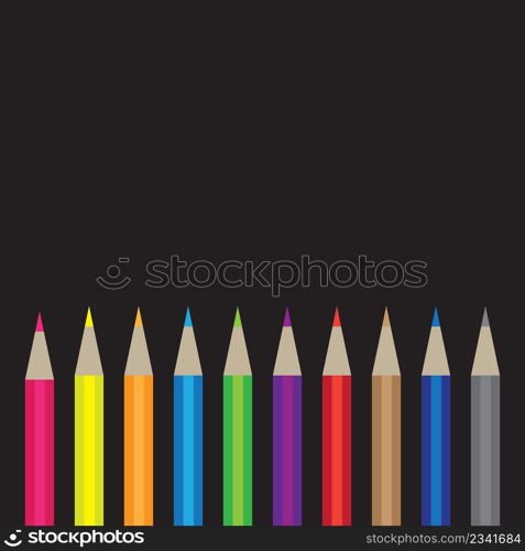 Colorful pencil set collection on black background with space for text. Vector illustration.